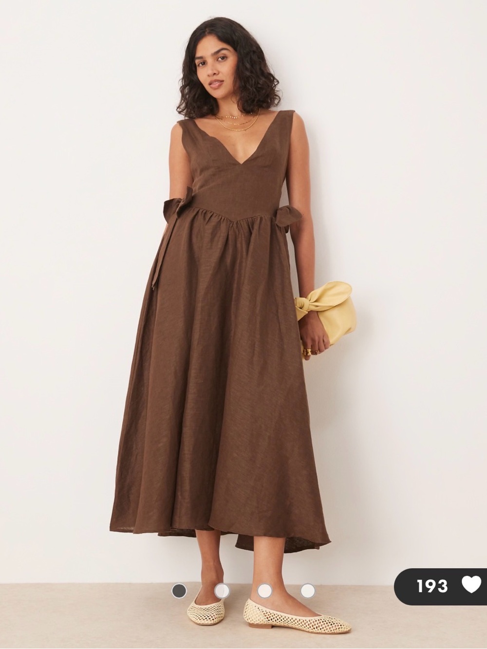 VRG GRL Daphne linen midi dress — V-Neck Brown Midi Dress with Tie-Waist
